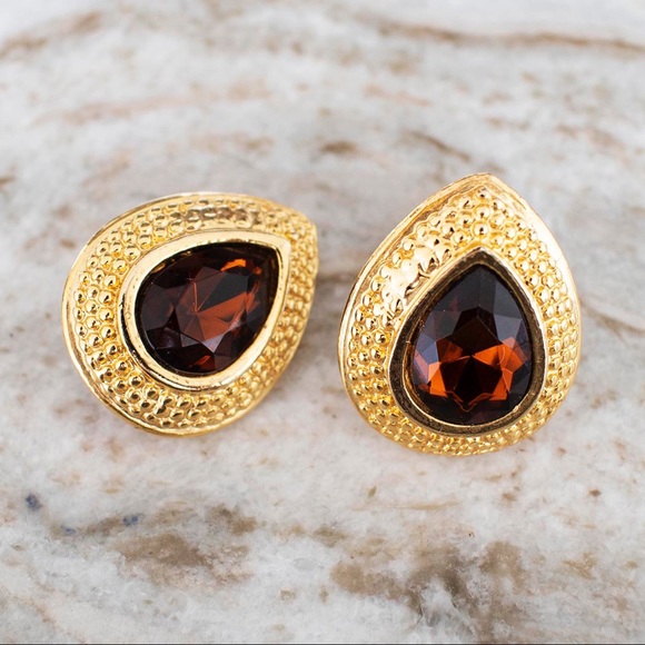 Gold with Brown Stone Clip On Earrings - Picture 1 of 2